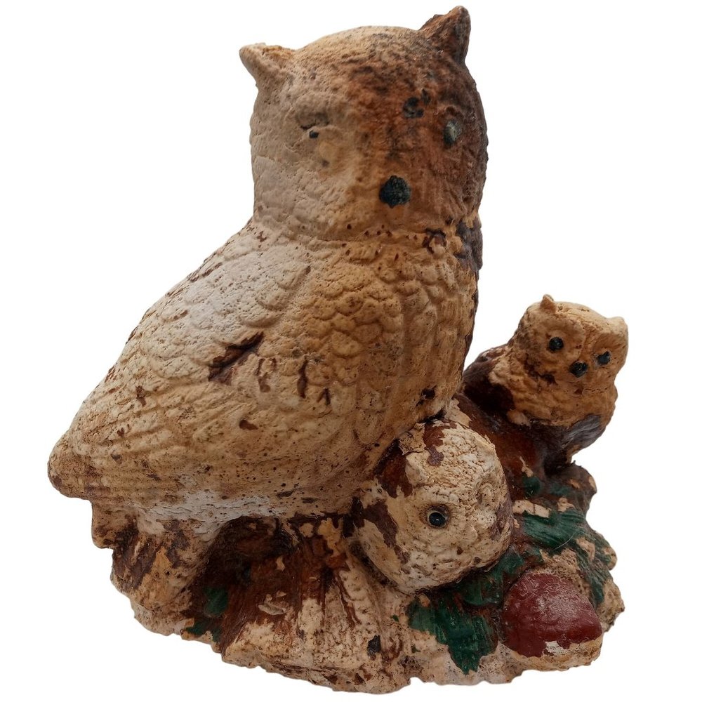 Shabby Owl Family Sculpture Statue Well Worn Distressed Vintage Retro 1970s
